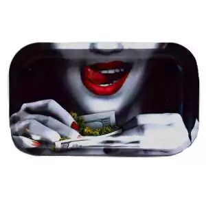 Wooden herb preparation and rolling tray featuring bold pop-art tongue and lips design with raised containment edges, novelty hardwood desk tray.