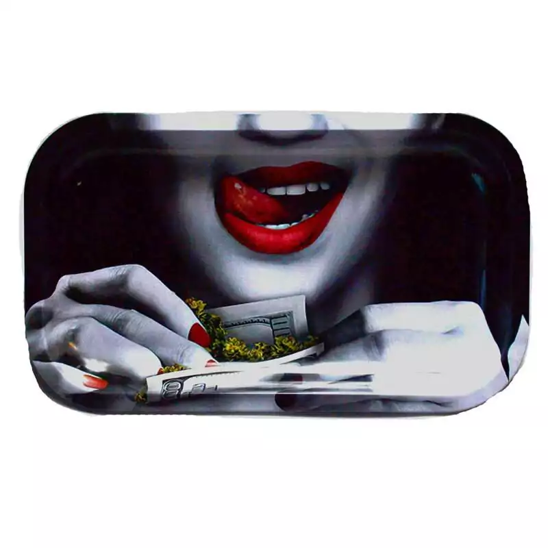 Tongue-rolling-tray-FRT3505 Wooden herb preparation and rolling tray featuring bold pop-art tongue and lips design with raised containment edges, novelty hardwood desk tray.