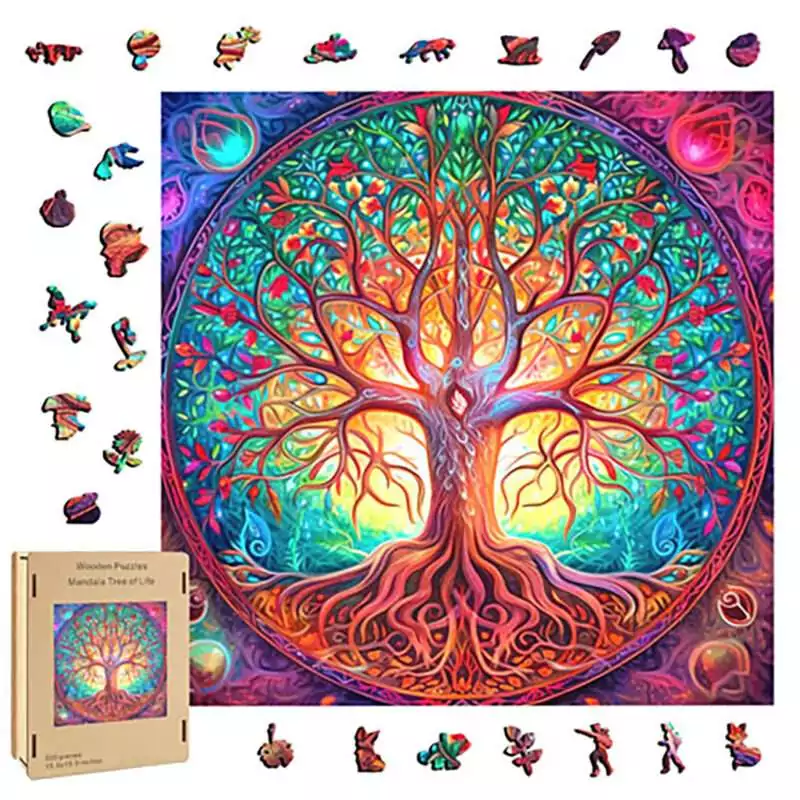 Tree-of-Life-wood-puzzle-FP3514 Wooden puzzle box lid featuring a vibrant colorful Tree of Life illustration with intricate branches and roots, hidden compartment secret box for ritual storage.