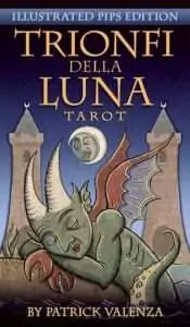 Trionfi Della Luna tarot card featuring a fantastical surrealist creature in colorful imaginative illustration, Patrick Valenza tarot deck artwork.