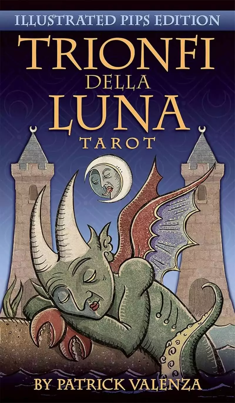 Trionfi-Della-Luna-by-Patrick-Valenza-DTRIDELL_Z_1 Trionfi Della Luna tarot card featuring a fantastical surrealist creature in colorful imaginative illustration, Patrick Valenza tarot deck artwork.
