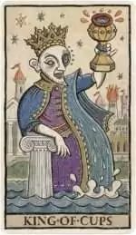 Trionfi-Della-Luna-by-Patrick-Valenza-DTRIDELL_Z_3 King of Cups tarot card from Trionfi Della Luna showing a regal figure seated on a stone throne beside water in Valenza's fantastical style.