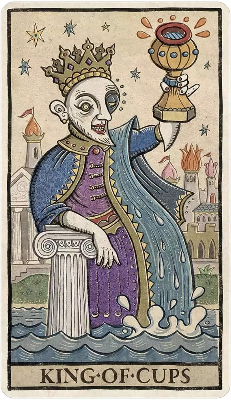 King of Cups tarot card from Trionfi Della Luna showing a regal figure seated on a stone throne beside water in Valenza's fantastical style.
