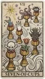 Trionfi-Della-Luna-by-Patrick-Valenza-DTRIDELL_Z_4 Seven of Cups tarot card from Trionfi Della Luna with seven ornate cups each containing a different vision or creature, surrealist tarot imagery.