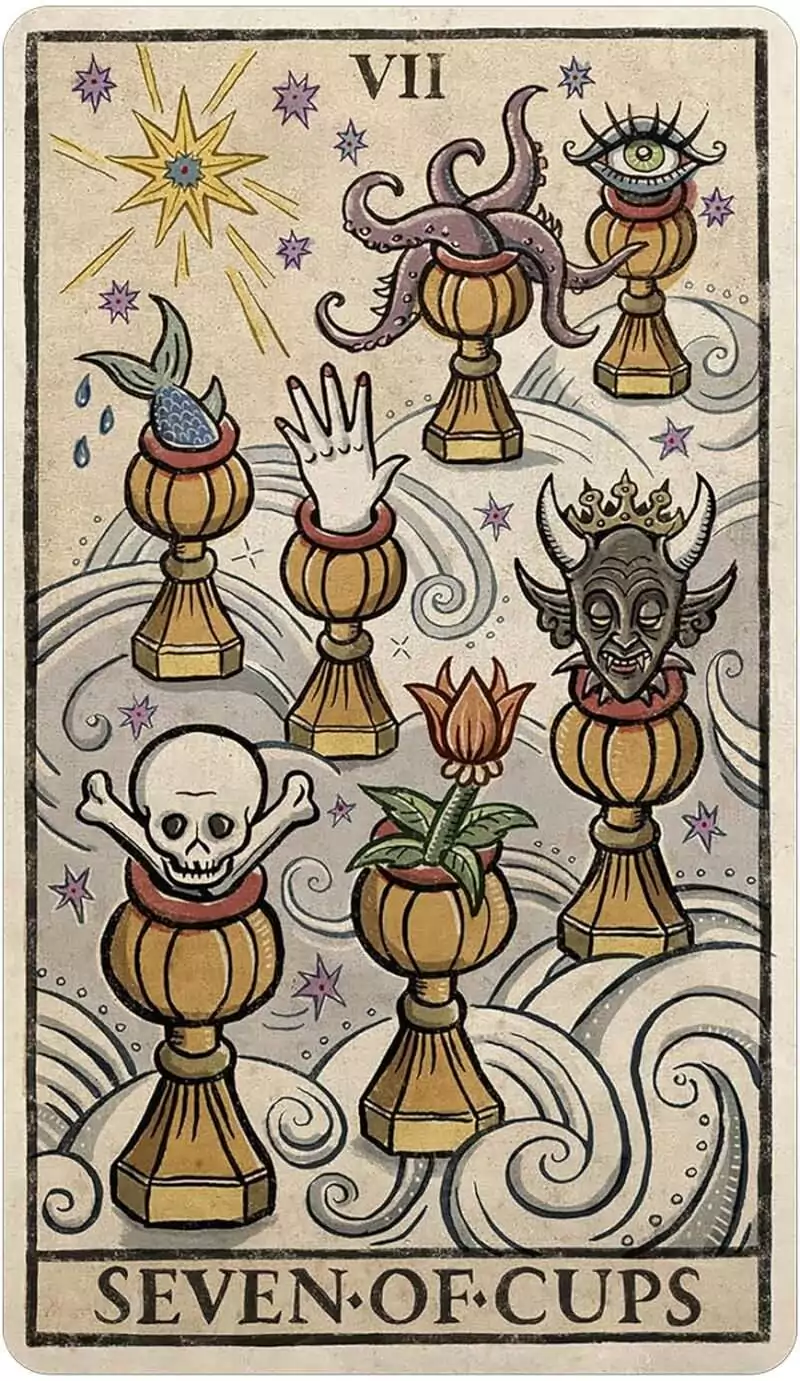 Seven of Cups tarot card from Trionfi Della Luna with seven ornate cups each containing a different vision or creature, surrealist tarot imagery.