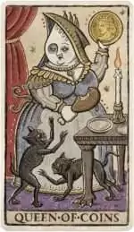 Trionfi-Della-Luna-by-Patrick-Valenza-DTRIDELL_Z_5 A regal female figure in an elaborate gown holds a gold coin beside a table in this ornate Trionfi Della Luna tarot card illustration.