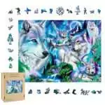 500-piece wood puzzle featuring vibrant mystical scene of wolves in a moonlit lunar forest with spirit art, packaged in a wooden keepsake storage box.