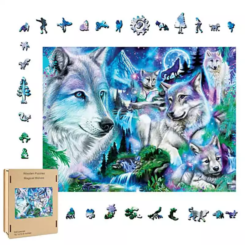 Wolves-wood-puzzle-FP3511 500-piece wood puzzle featuring vibrant mystical scene of wolves in a moonlit lunar forest with spirit art, packaged in a wooden keepsake storage box.