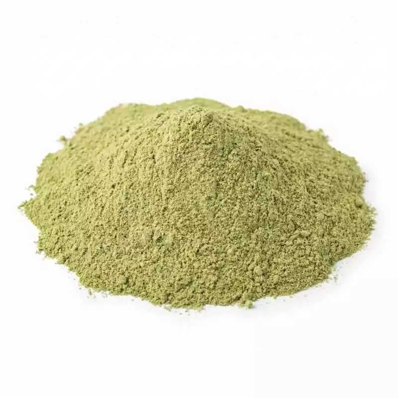 Mound of fine green neem powder (Azadirachta Indica) displayed on a white surface, showing the finely ground Ayurvedic ritual herb.