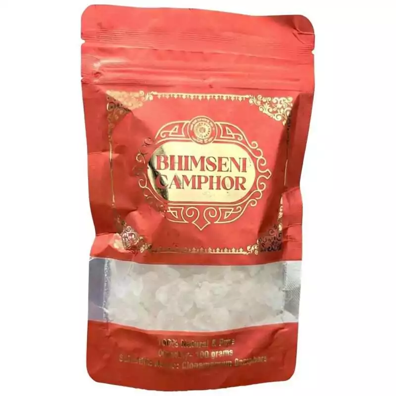100gms-Camphor-chunks-RCAM100_Z Red packaging of Bhimseni camphor chunks featuring traditional Indian decorative label for spiritual cleansing and aromatherapy