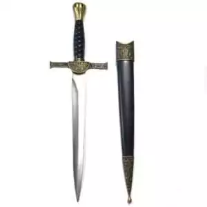 Macleod Highland sword replica 12 inches — Scottish Celtic altar blade with knotwork hilt on display background.
