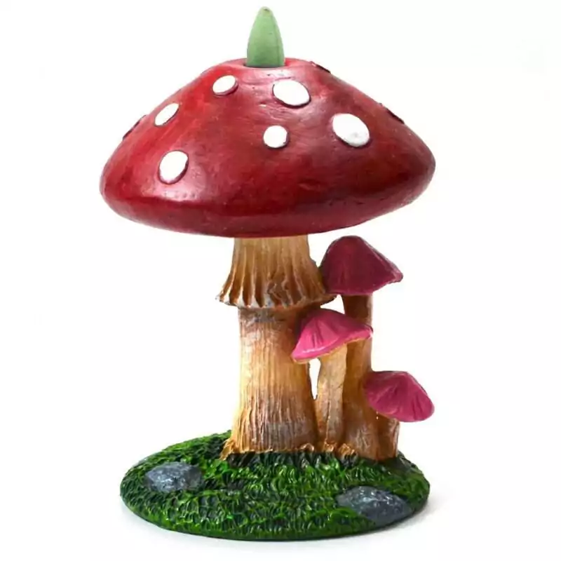 4-14quot-Mushroom-backflow-burner-IBF3464_Z_1 Red and white spotted mushroom toadstool backflow incense burner in cold-cast resin, 4.25 inch cottagecore altar decor with backflow cone holder at top.