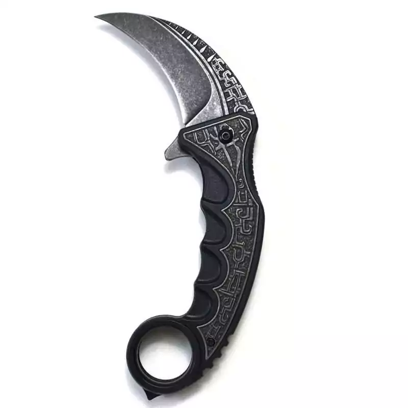 7-inch folding pruning blade open — practical ritual harvest garden tool with curved serrated blade and wooden handle.