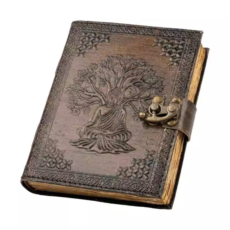BuddhaTree-of-Life-aged-looking-paper-leather-w-latch-BBBL3459_Z Buddha Tree of Life embossed leather journal with latch closure showing detailed leather cover with Buddhist and nature symbolism for spiritual journaling