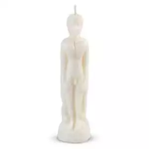 White wax figure candle 8 inches tall shaped like a standing human male, used in hoodoo and sympathetic magic for healing, protection, and blessing rituals.
