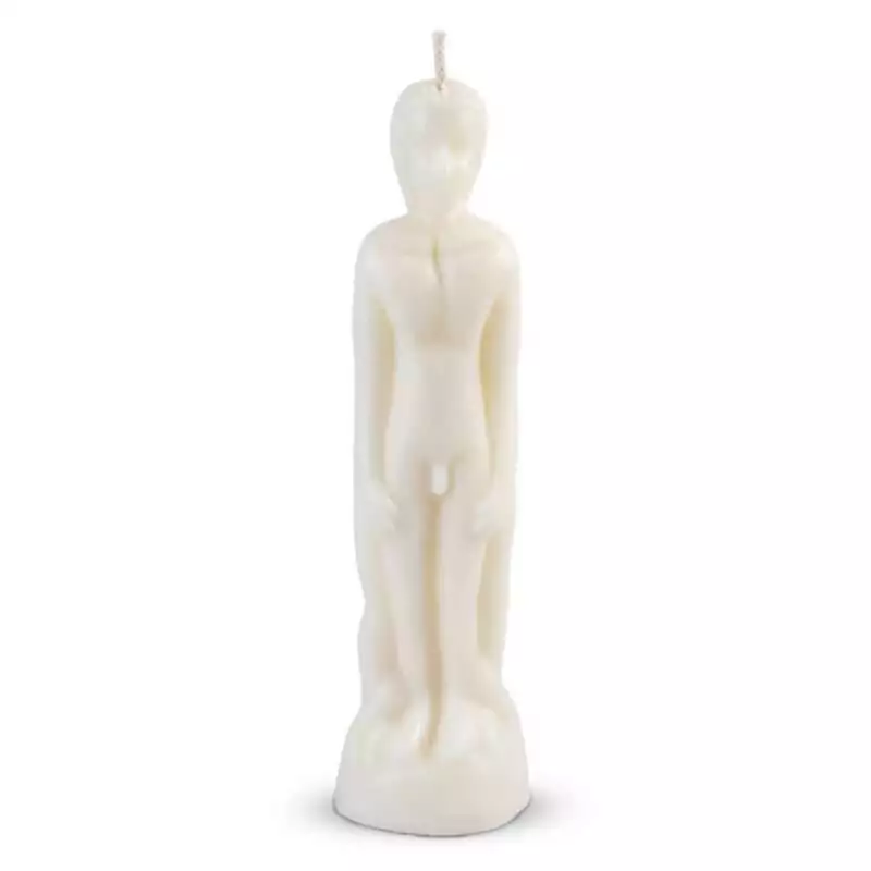 CMALW_Z_1a White wax figure candle 8 inches tall shaped like a standing human male, used in sympathetic magic for healing, protection, and blessing rituals.