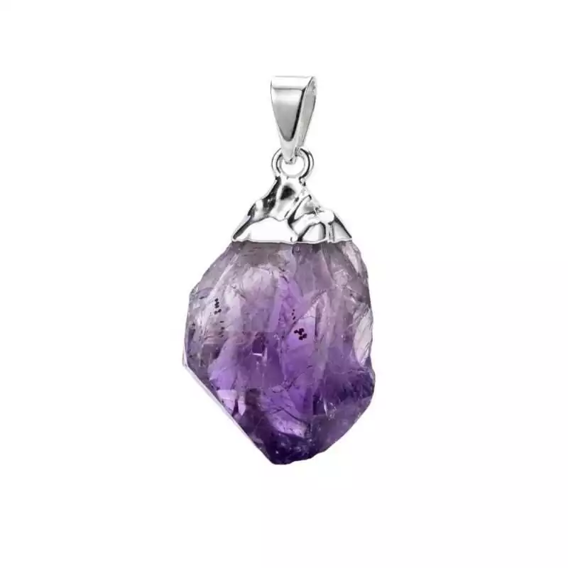 Raw amethyst rough point pendant with silver setting — natural purple crystal necklace charm for third-eye intuition and calm energy close to the body.