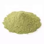 Fine green neem powder displayed in a small mound on a white background, showing the finely ground Azadirachta Indica in a 1oz herb packet.