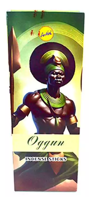 Ogun Sree Vani incense sticks box of 6 — iron warrior orisha Santeria devotional incense with Ogun label on light background.