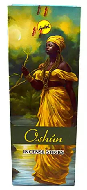 Oshun Sree Vani incense sticks box of 6 — love and fertility orisha Santeria devotional incense with Oshun label on light background.