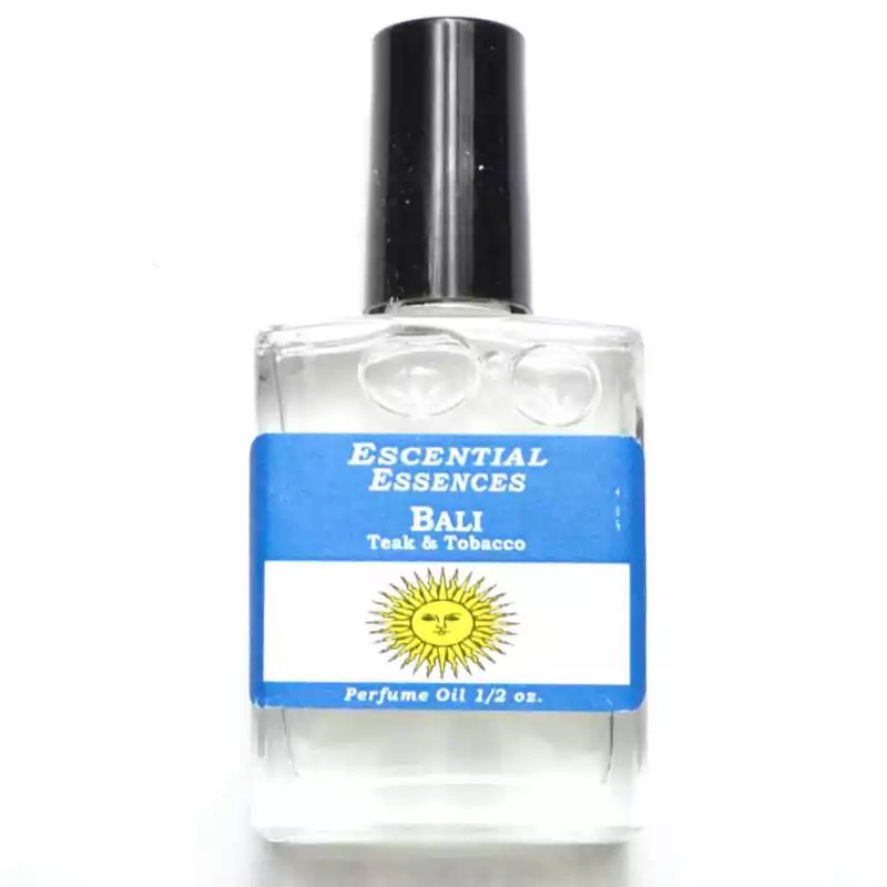 12oz-Bali-escential-essences-oil-OMBAL Bali Escential Essences fragrance oil ½ oz roll-on by Auric Blends — glass bottle with tropical Bali-themed label on white background.