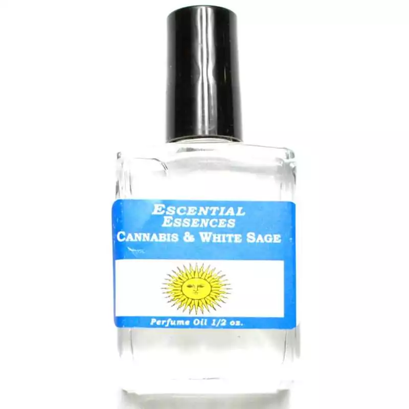 12oz-Cannabis-White-Sage-escential-essences-oil-OMCANWS Cannabis and White Sage Escential Essences fragrance oil ½ oz roll-on by Auric Blends — glass bottle with herbal label on white background.