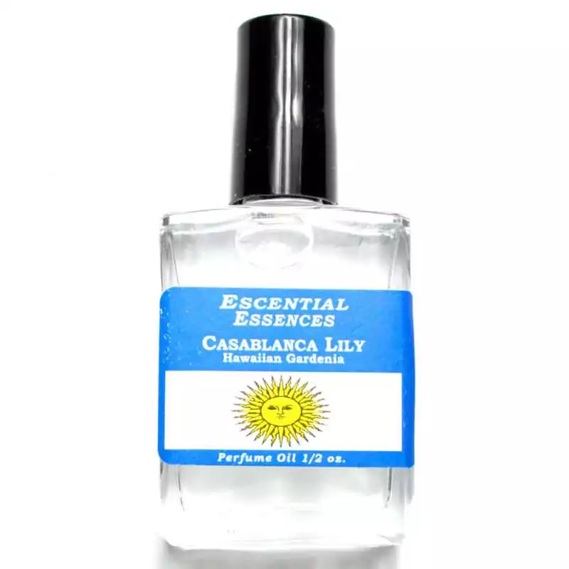 12oz-Casablanca-Lily-escential-essences-oil-OMCASL Casablanca Lily Escential Essences fragrance oil ½ oz roll-on by Auric Blends — glass bottle with white lily floral label on white background.