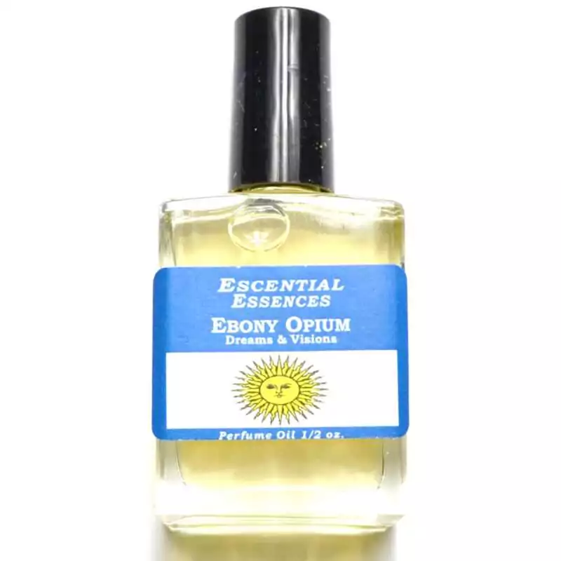 12oz-Ebony-Opium-escential-essences-oil-OMEBOO Ebony Opium Escential Essences fragrance oil ½ oz roll-on by Auric Blends — dark glass bottle with opulent label on white background.