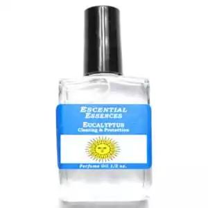 Eucalyptus Escential Essences fragrance oil Β½ oz roll-on by Auric Blends β glass bottle with clean green eucalyptus label on white background.