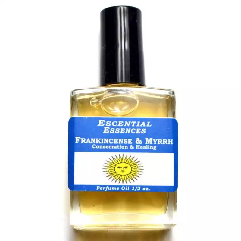 12oz-Frankincense-Myrrh-escential-essences-oil-OMFM Frankincense and Myrrh Escential Essences fragrance oil ½ oz roll-on by Auric Blends — glass bottle with dual resin label on white background.