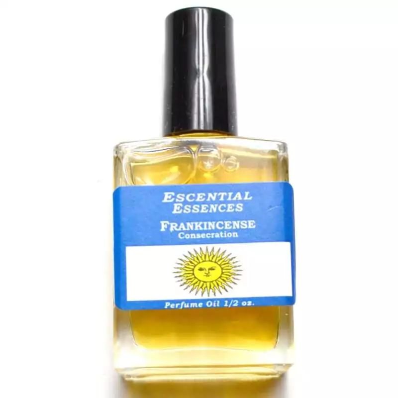 12oz-Frankincense-escential-essences-oil-OMFRA Frankincense Escential Essences perfume oil ½ oz roll-on by Auric Blends — glass bottle with sacred resin label on white background.