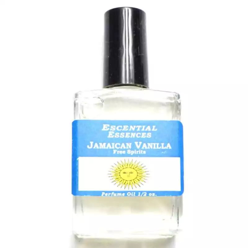 12oz-Jamaican-Vannila-escential-essences-oil-OMJAMV Jamaican Vanilla Escential Essences fragrance oil ½ oz roll-on by Auric Blends — glass bottle with warm vanilla label on white background.