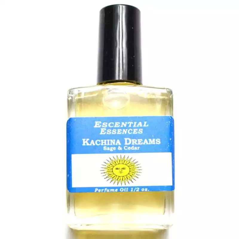 12oz-Kachina-Dreams-escential-essences-oil-OMKACD Kachina Dreams Escential Essences fragrance oil ½ oz roll-on by Auric Blends — glass bottle with southwestern spirit-vision label on white background.