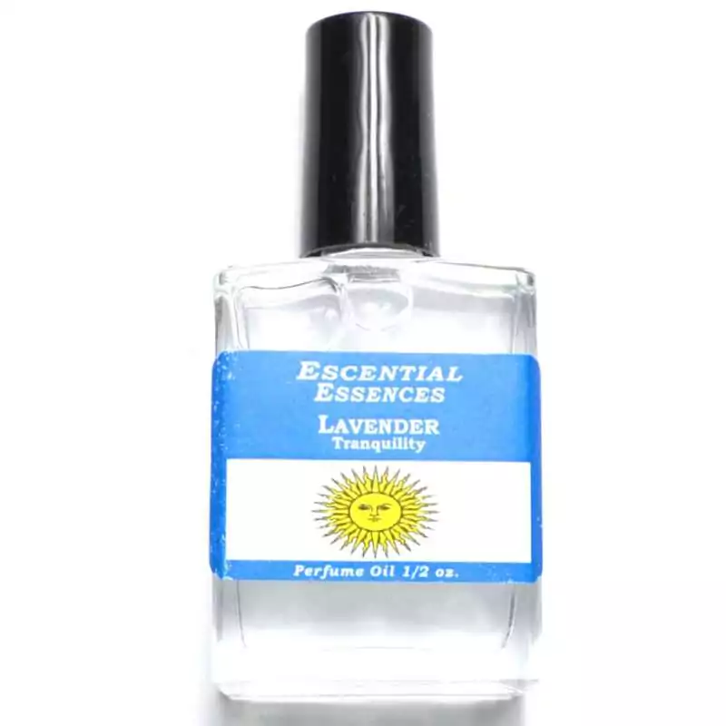 12oz-Lavender-escential-essences-oil-OMLAVE Lavender Escential Essences fragrance oil ½ oz roll-on by Auric Blends — glass bottle with purple lavender label on white background.