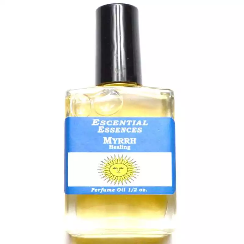 Myrrh Escential Essences fragrance oil ½ oz roll-on by Auric Blends — glass bottle with dark resinous label on white background.