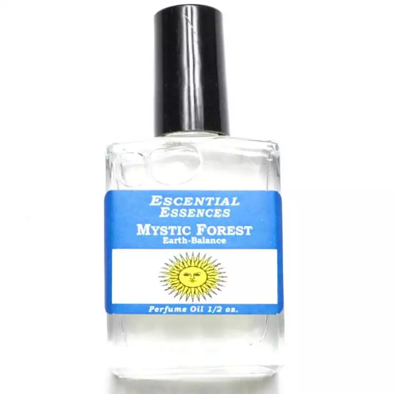 Mystic Forest Escential Essences fragrance oil ½ oz roll-on by Auric Blends — glass bottle with woodland green label on white background.