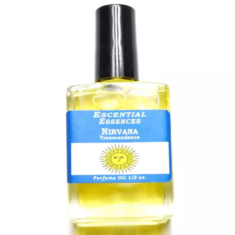 Nirvana Escential Essences fragrance oil ½ oz roll-on by Auric Blends — glass bottle with serene spiritual label on white background.