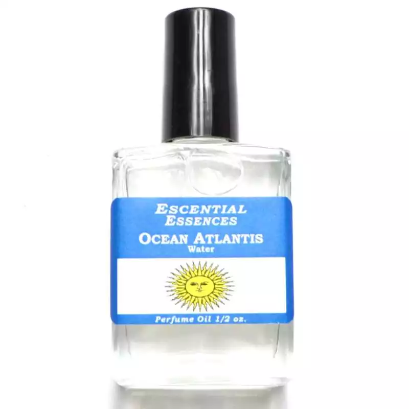 Ocean Atlantis Escential Essences fragrance oil ½ oz roll-on by Auric Blends — glass bottle with deep ocean blue label on white background.