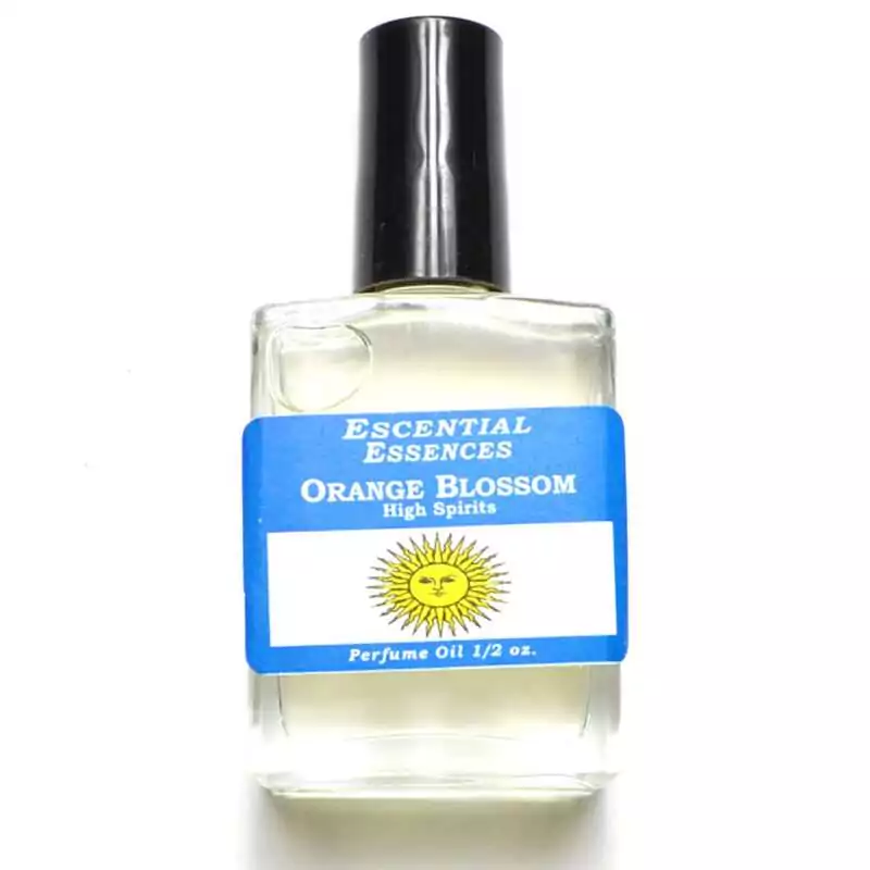 Orange Blossom Escential Essences fragrance oil ½ oz roll-on by Auric Blends — glass bottle with bright citrus floral label on white background.