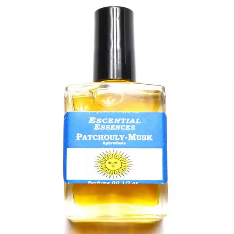 Patchouli Musk Escential Essences fragrance oil ½ oz roll-on by Auric Blends — glass bottle with earthy dark label on white background.