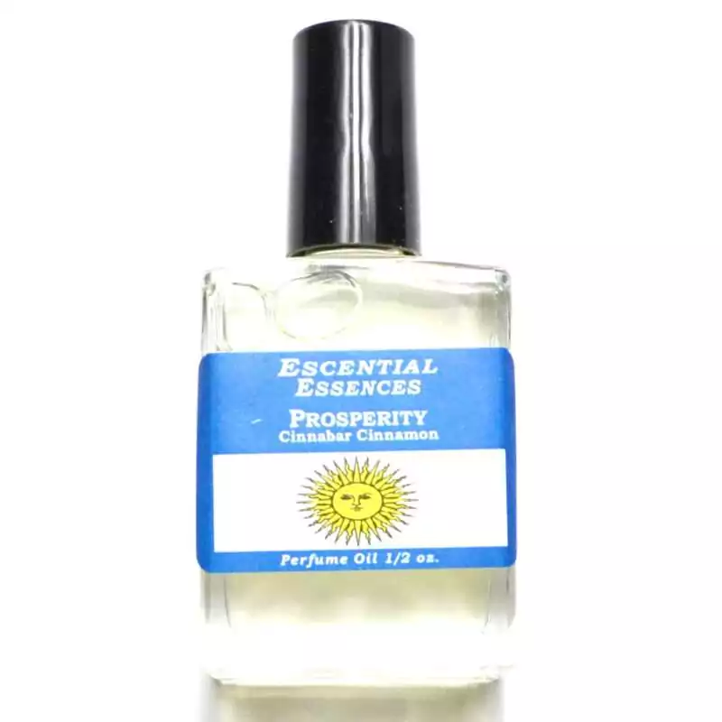 Prosperity Escential Essences fragrance oil ½ oz roll-on by Auric Blends — glass bottle with gold-toned abundance label on white background.