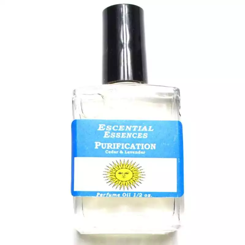 Purification Escential Essences fragrance oil ½ oz roll-on by Auric Blends — glass bottle with clean cedar-lavender label on white background.