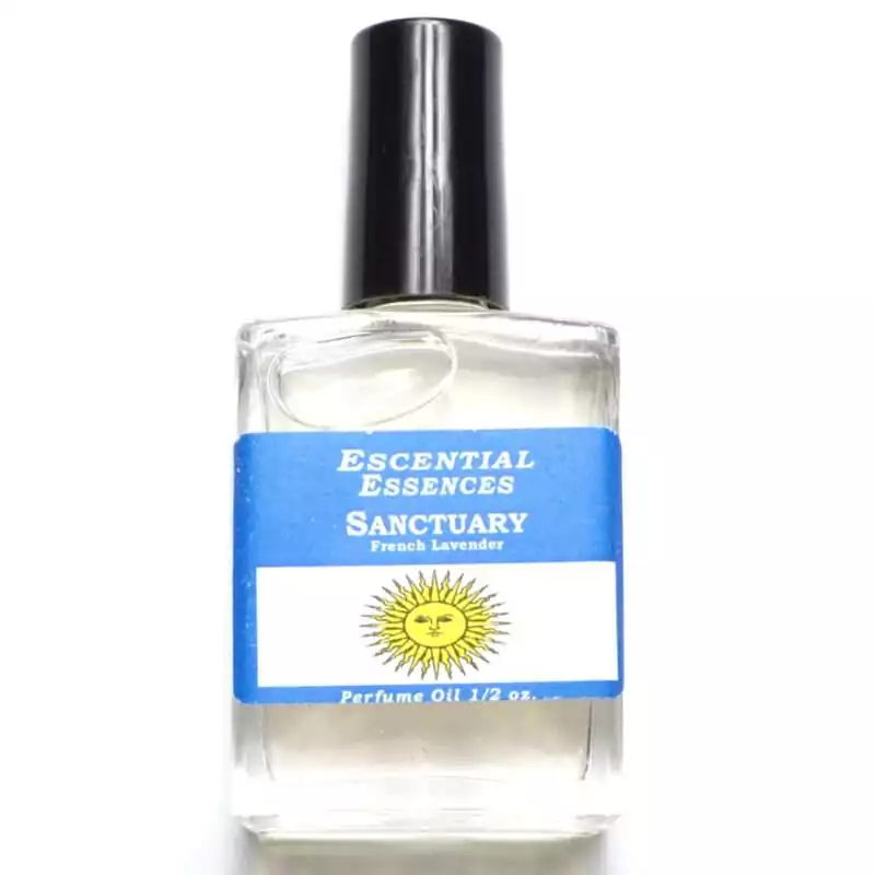 Sanctuary Escential Essences fragrance oil ½ oz roll-on by Auric Blends — lavender-labeled glass bottle on white background.