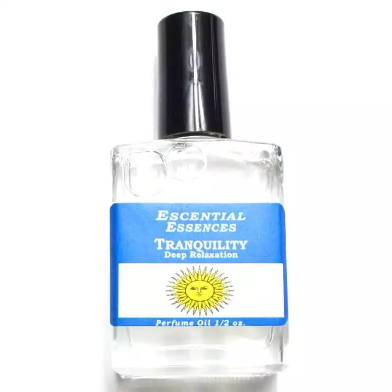 12oz-Tranquility-escential-essences-oil-OMTRA Tranquility Escential Essences fragrance oil ½ oz roll-on by Auric Blends — small glass bottle with calming label design on white background.