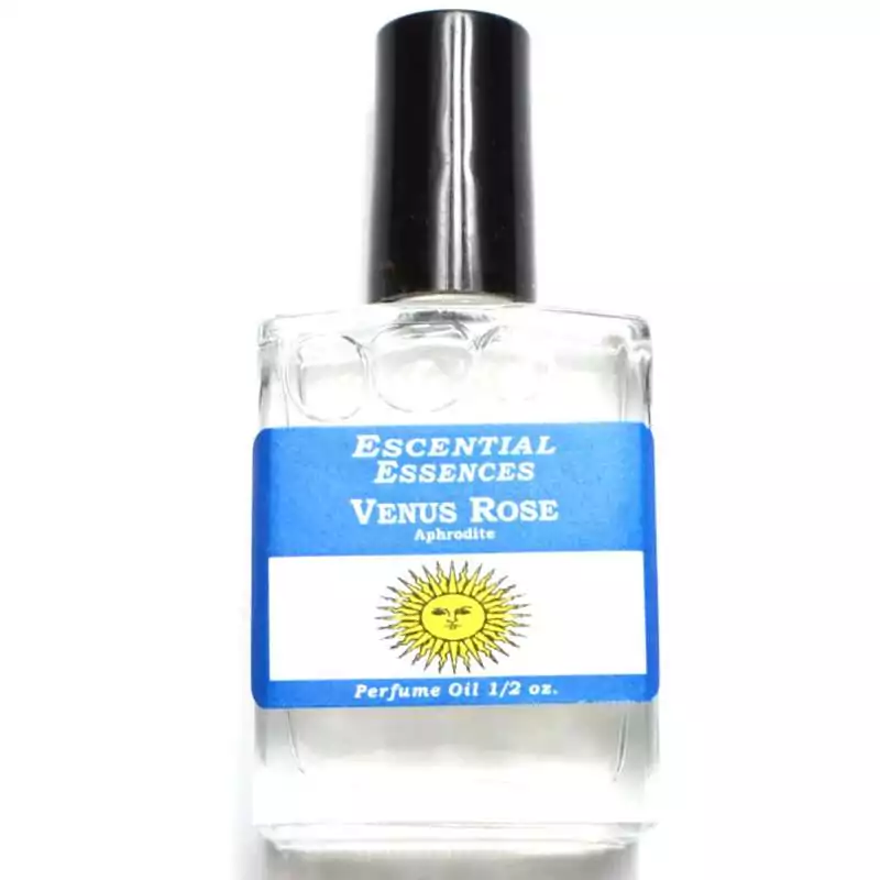 Venus Rose Escential Essences fragrance oil ½ oz roll-on by Auric Blends — glass bottle with rose-themed label on white background.