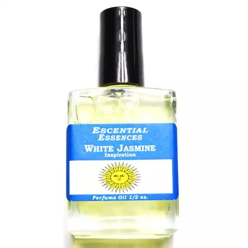 White Jasmine Escential Essences fragrance oil ½ oz roll-on by Auric Blends — floral-label glass bottle on white background.