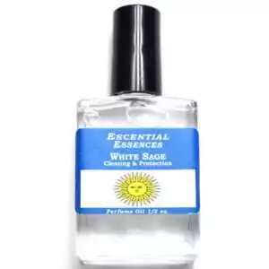 White Sage Escential Essences fragrance oil ½ oz roll-on by Auric Blends — small glass bottle with white sage label on white background.
