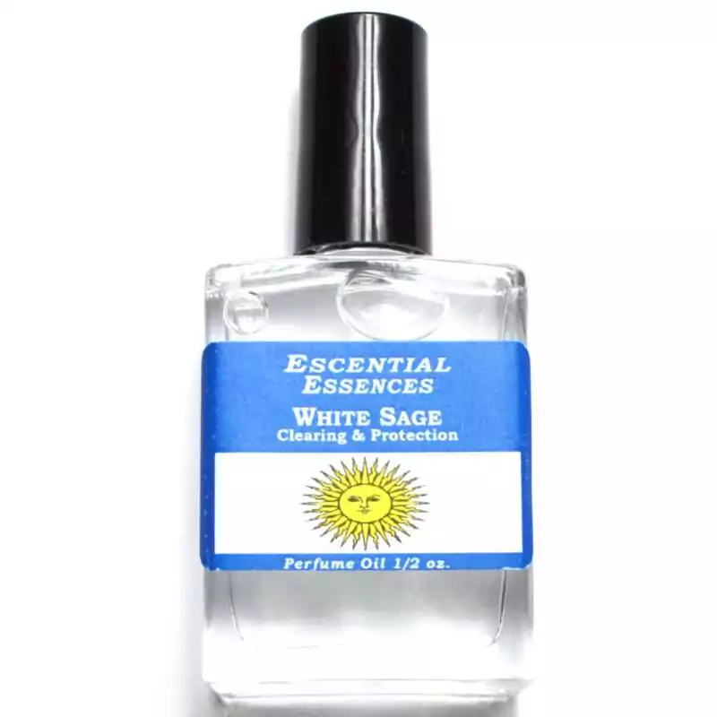 12oz-White-Sage-escential-essences-oil-OMWHIS White Sage Escential Essences fragrance oil ½ oz roll-on by Auric Blends — small glass bottle with white sage label on white background.