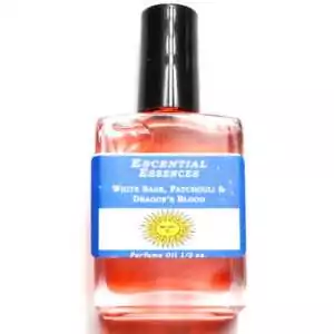 White Sage Patchouli Dragon's Blood Escential Essences oil ½ oz roll-on by Auric Blends — glass bottle with dark botanical label.