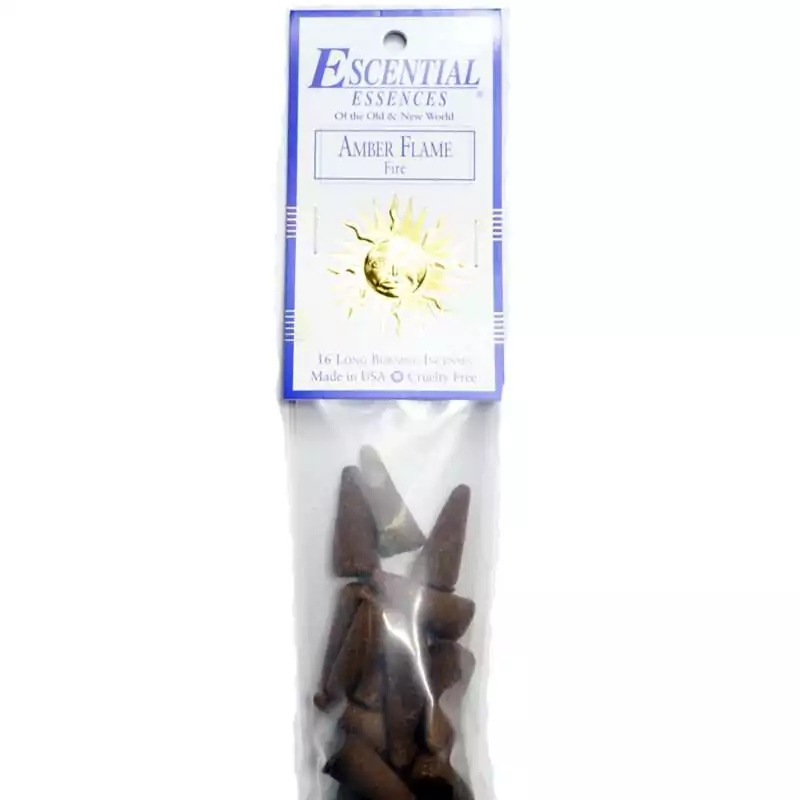 Amber Flame Escential Essences incense cones 16-pack by Auric Blends — warm golden amber resin packaging on white background.